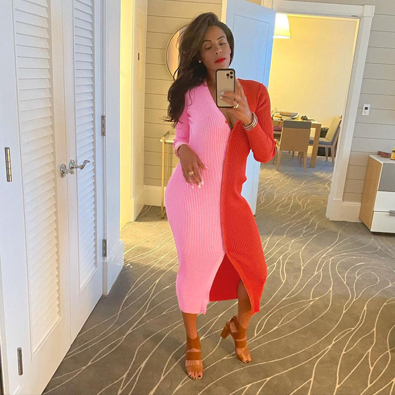 Abril Colorblock Button Front Knit Midi Dress Red Tan
