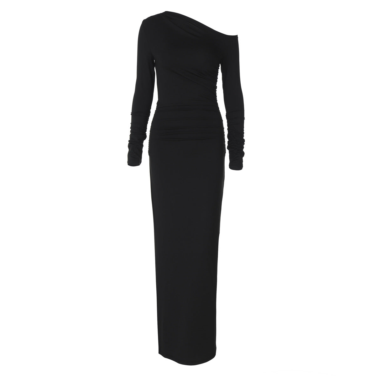 Solid Color Sloping Exposed Shoulder Long Sleeve Office Maxi Dress