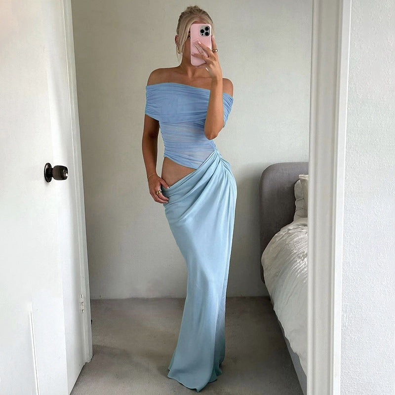 off Neck Mesh Stitching Waist Baring Slim Fit Pleated Hip Dress