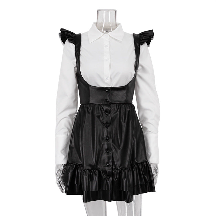 Black White Contrast Color Preppy Suit Long Sleeve Shirt Slip Dress Two Piece Set