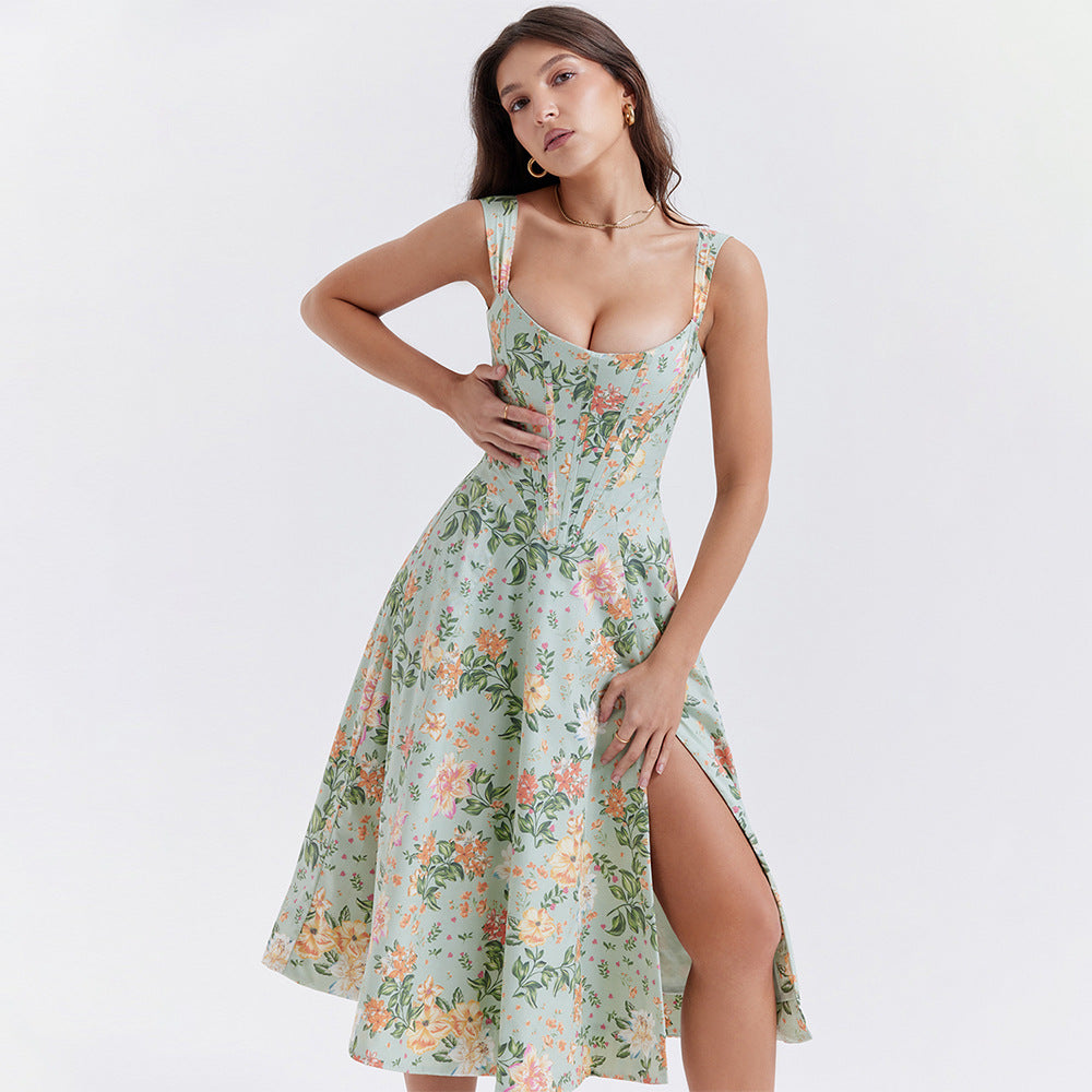 Boning Corset Cami Dress Slim Fit Backless Slit Midi Floral Dress Dopamine Wear Matching