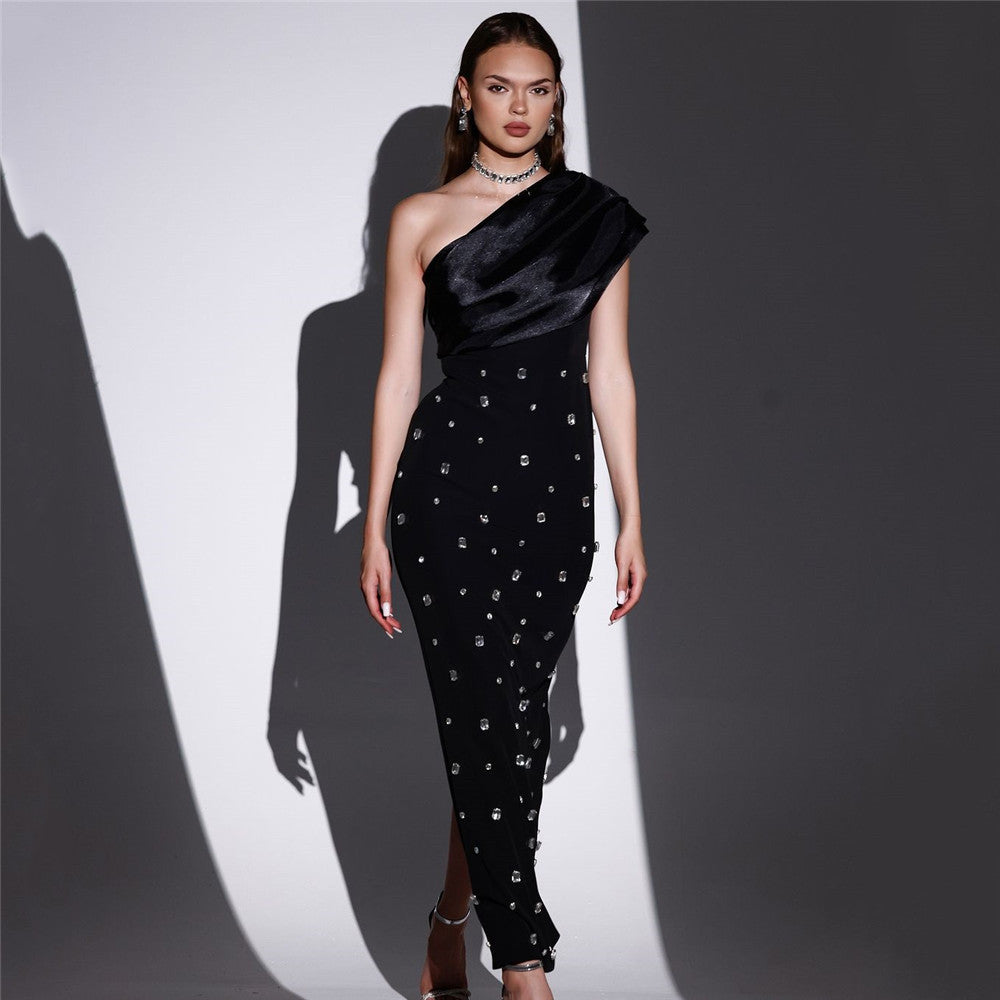Oblique Shoulder Rhinestone Voile Bandage Dress Debutante Gala Dinner Dress