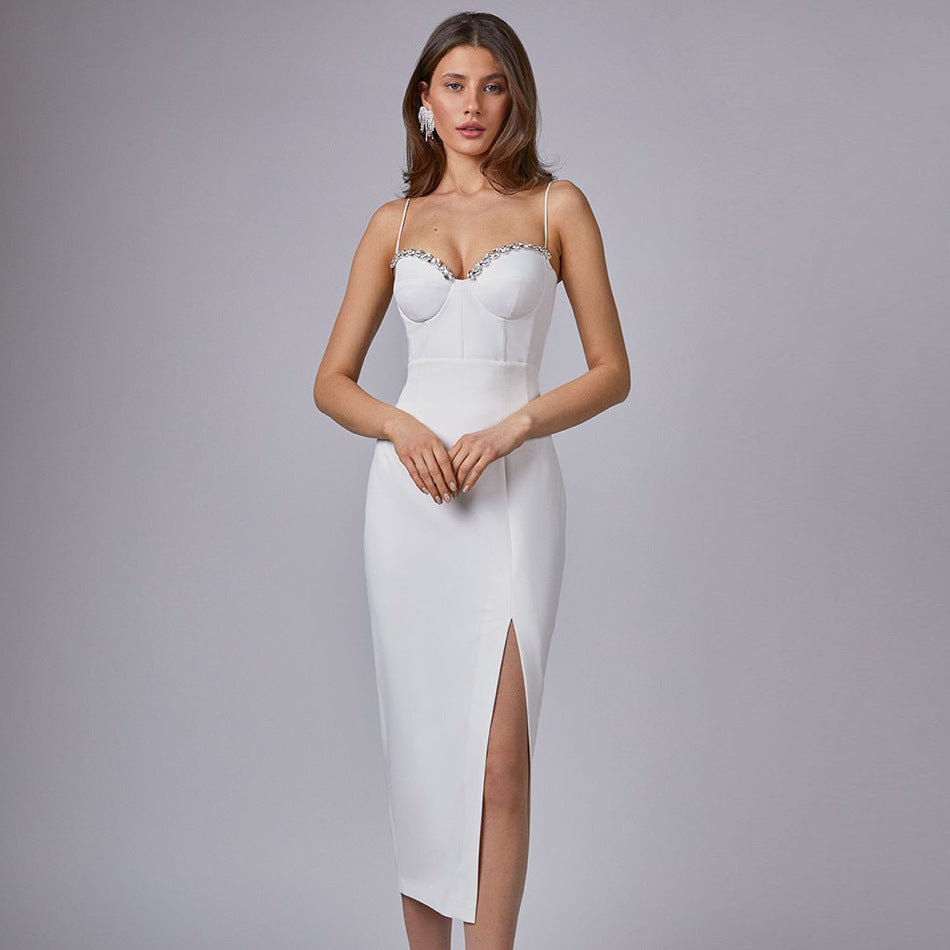 Sleeveless Mid Waist White Solid Color Sling Simple Dress Metal Corsage Annual Party Evening Dress