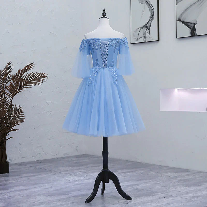 Lovely Light Blue With Lace Off Shoulder Short Prom Dress, Blue Homecoming Dresses