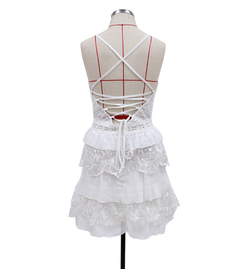 Backless Lace up Tiered Dress Short