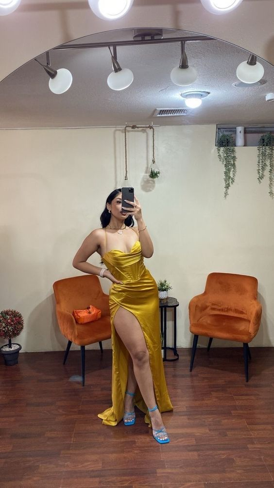 Yellow Spaghetti Straps Long Satin Sheath Evening Dress Y6010 - VelvetHem