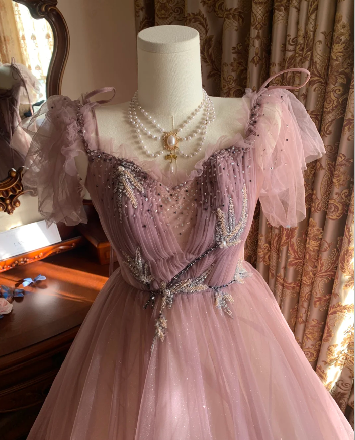 Sweet Tulle Sequin Beaded Ball Gown Pink Long Evening Dress Birthday Party Dress - View 5 | VelvetHem