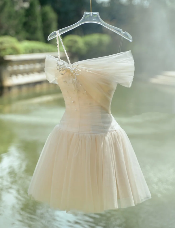 Simple Light Champagne Tulle A Line Homecoming Dress Short Birthday Dress - VelvetHem