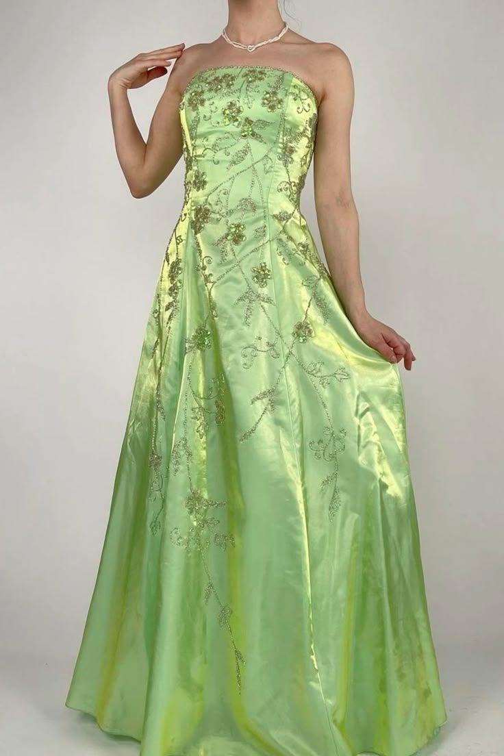 Strapless Green Satin Beaded A Line Prom Dress Evening Dress Y8412 - VelvetHem