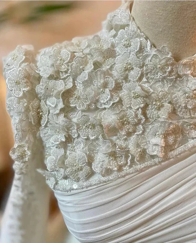 Muslim Wedding Dress Long Sleeves With Pearls Chiffon Appliques Long Pleated Bridal Gowns (ZD13574)