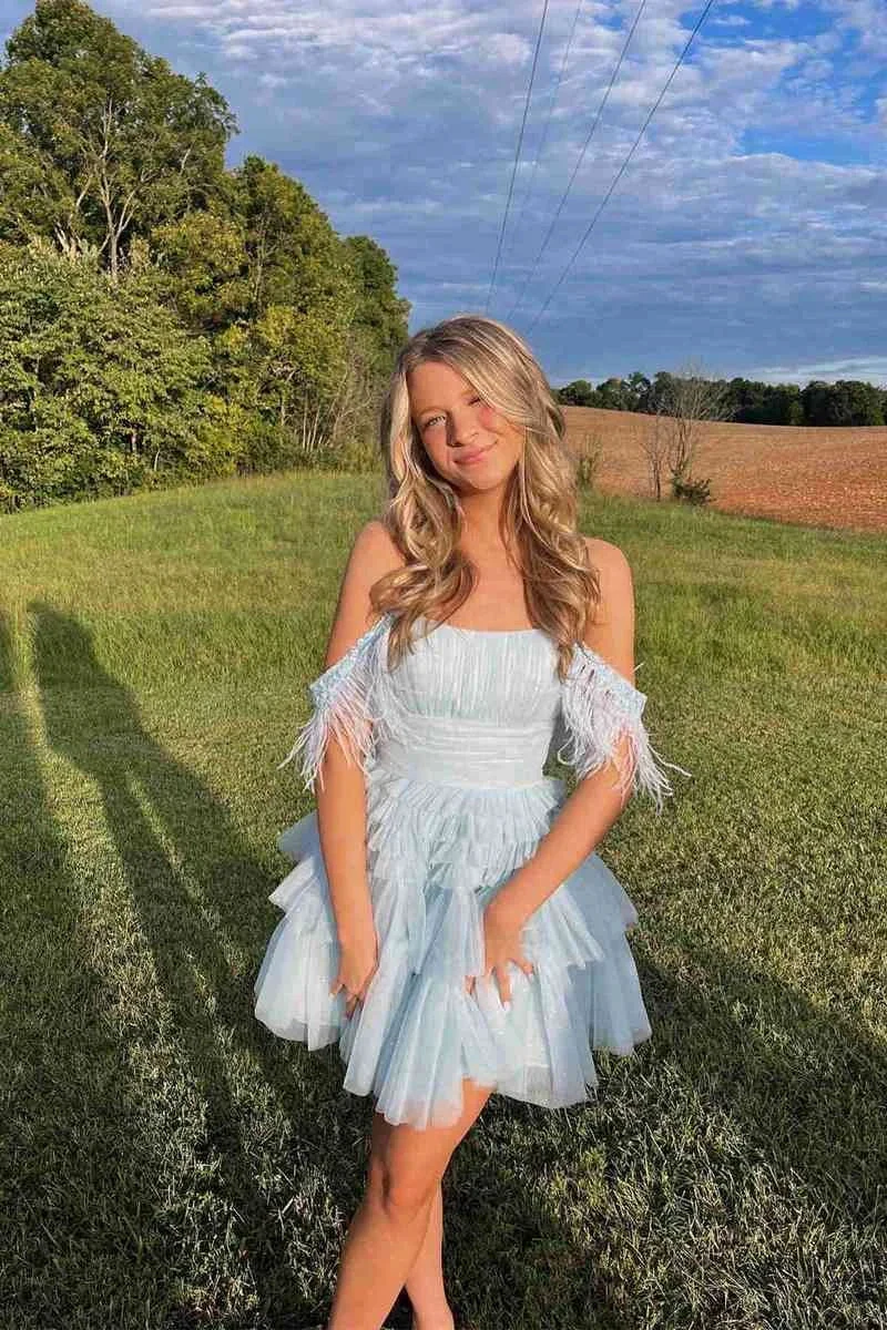 Pleated Hot Pink Cold Sleeves Tiered Tulle Party Dress Short Homecoming Dress (ZD12293) - VelvetHem