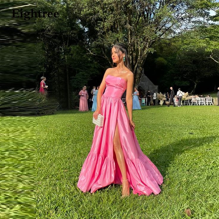 Simple Pink Long A Line Prom Dresses Strapless Sleeveless Club Gowns Side Slit Formal Party Night Evening Dress - VelvetHem