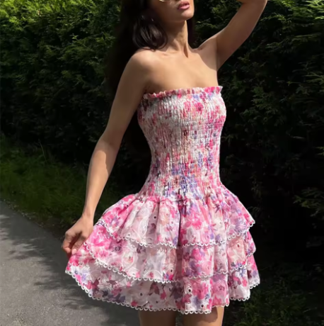 Pretty Pink Print Floral Layered A Line Mini Prom Dress Strapless Graduation Homecoming Dress - View 2 | VelvetHem
