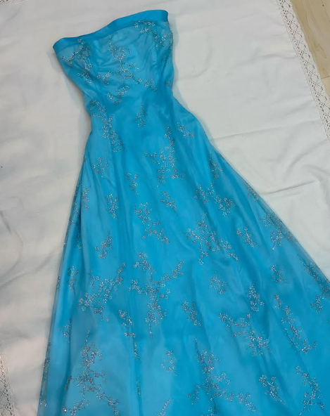 Chic Strapless Blue A Line Tulle Sequins Party Dress,Formal Prom Evening Dress - VelvetHem
