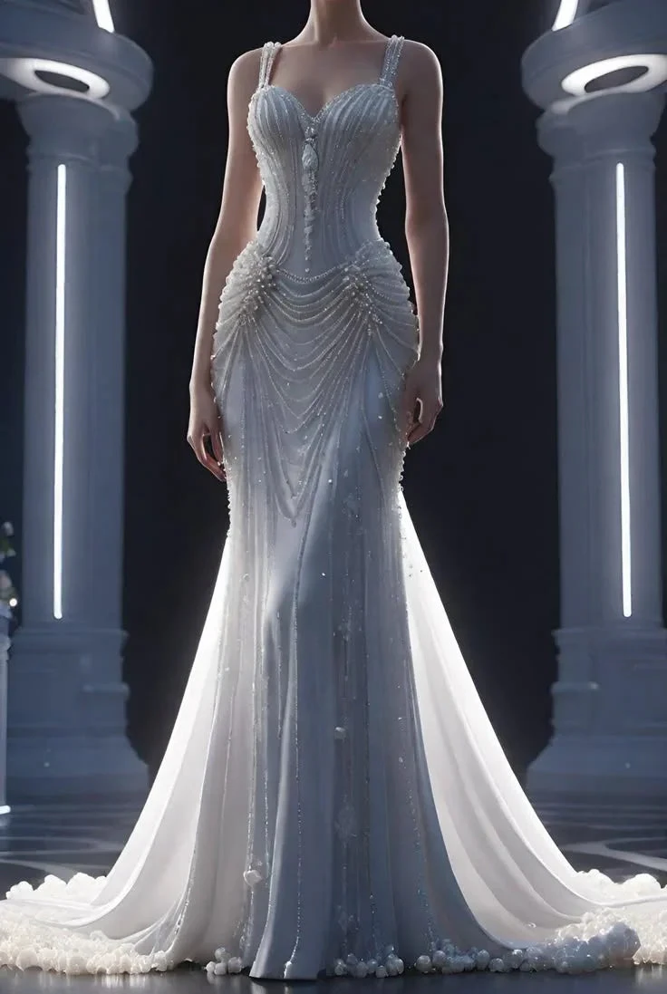 Pretty White Chiffon Beaded Pearls Mermaid Evening Dress Wedding Dress,Long Prom Dress (ZD13744) - VelvetHem