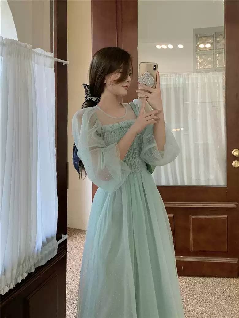Light green skirt hollow French super fairy puff sleeve polka dot mesh dress sexy party dress - View 8 | VelvetHem