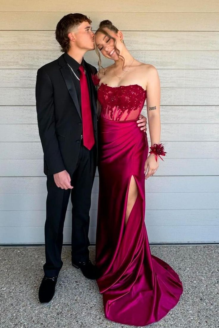 Charming Strapless Burgundy Lace Appliques Long Prom Dress Slit Mermaid Evening Gown Y7883 - VelvetHem