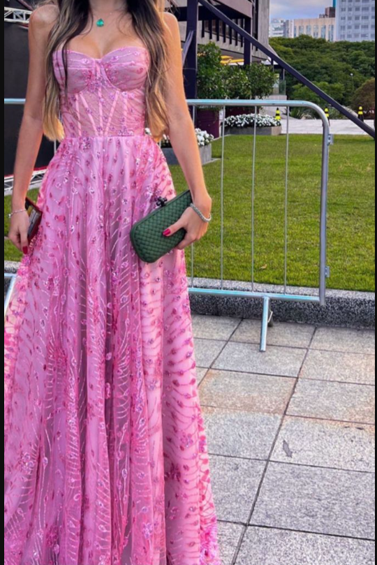 Pink Strapless Tulle Sequins Prom Dress Luxury Strapless Party Evening Gown Y8037 - VelvetHem