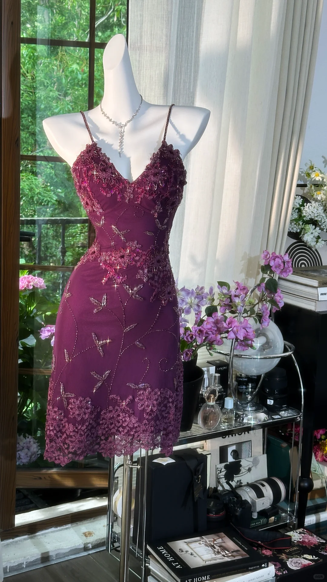 Vintage Spaghetti Straps Purple Lace Appliques Beaded Sheath 8th Grade Homecoming Dress Short Birthday Outfits - View 5 | VelvetHem