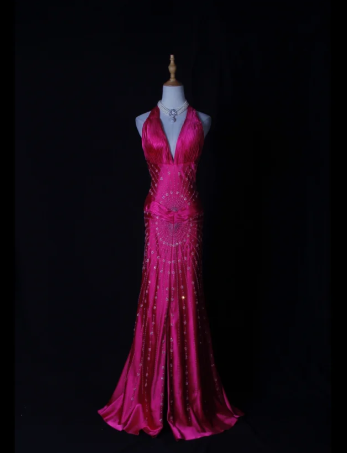 Sexy Halter V Neck Satin Beaded Mermaid Evening Dress Hot Pink Long Slit Wedding Guest Dress