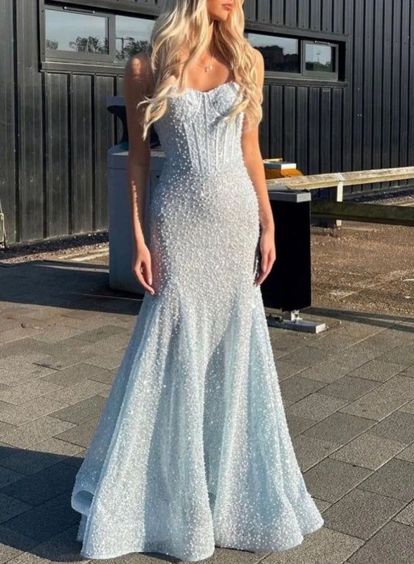 Sparkly Blue Sequin Pearls Beaded Mermaid Evening Dress,Spaghetti Straps Long Prom Party Dress - VelvetHem