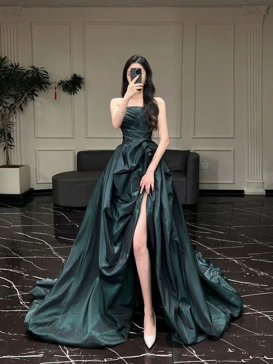 Vintage Green Strapless Satin Party Dress Formal A Line Prom Evening Dress Y8350 - VelvetHem