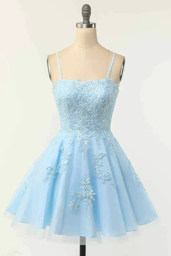Light Blue A-line Spaghetti Straps Lace-Up Back Applique Mini Homecoming Dress Y2673 by simplepromdress