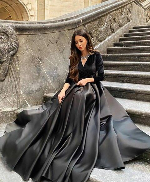Charming Black Satin And Velvet Long Sleeves Prom Dress - View 2 | VelvetHem