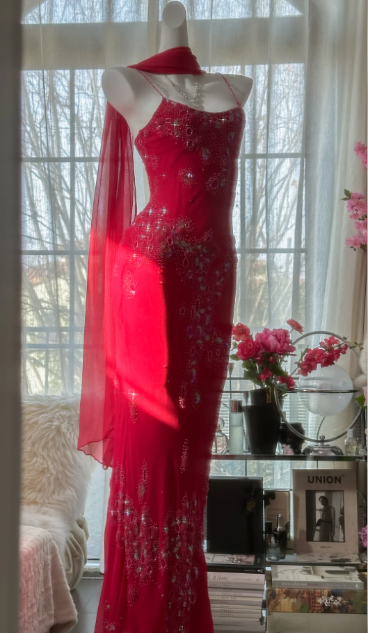 Pretty Red Spaghetti Straps Chiffon Beaded Mermaid Evening Dress Long Birthday Party Dress Prom Gown - View 2 | VelvetHem