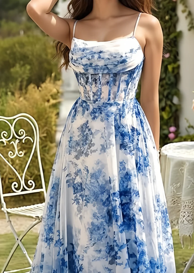 Elegant Spaghetti Strap Blue Chiffon Print Floral Prom Dress ,Formal Slit A Line Evening Dress - View 2 | VelvetHem