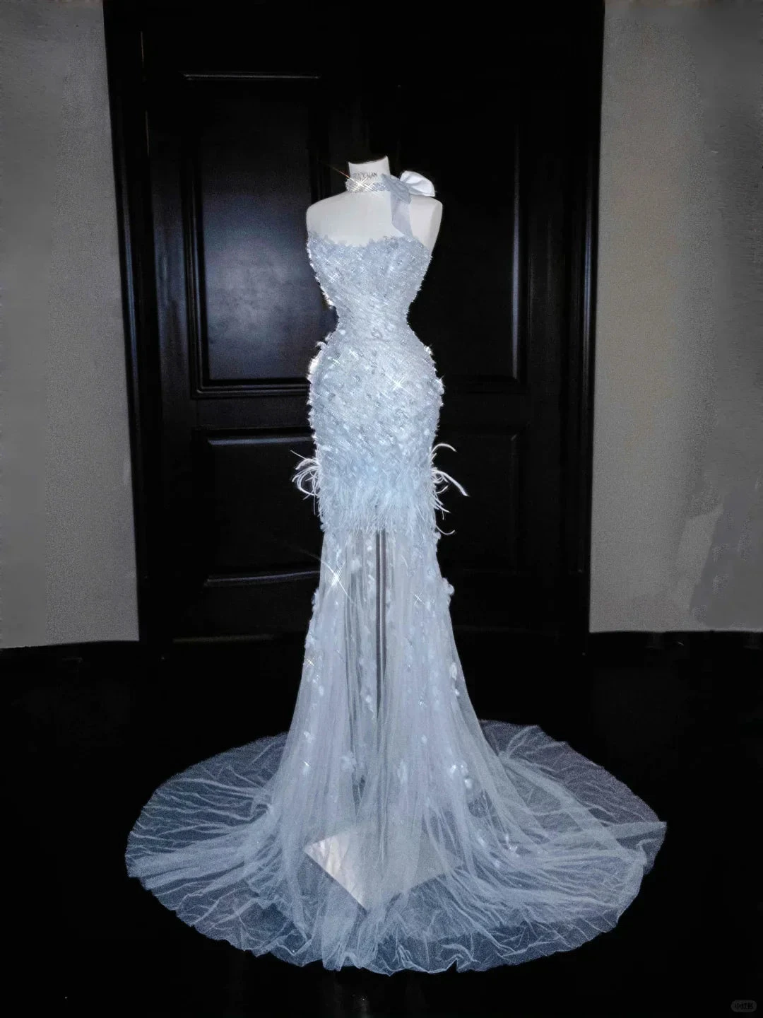 Dream Blue Tulle Beaded Appliques Long Prom Dress,Slit Mermaid Evening Dress Wedding Dress (ZD13766) - VelvetHem