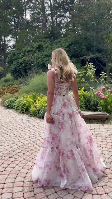 Classy Rose Print Floral Chiffon A Line Prom Evening Dress,Long Party Gown - View 2 | VelvetHem
