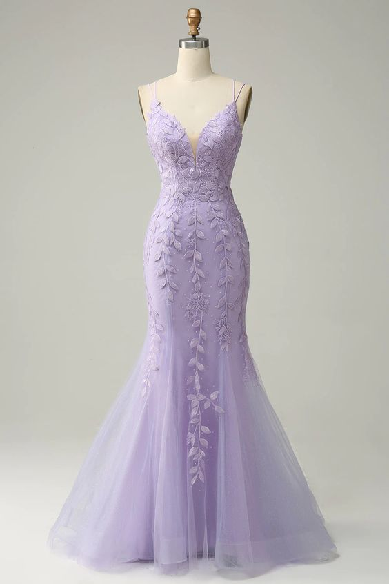 Purple Spaghetti Straps Mermaid Long Prom Dress With Appliques - VelvetHem