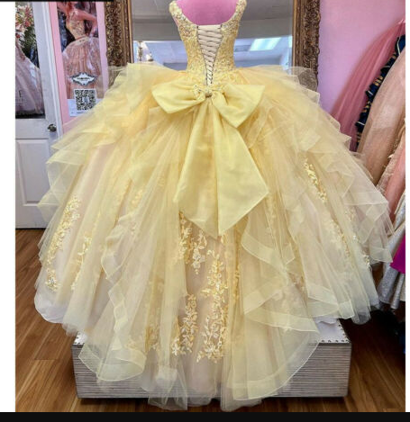 Yellow Quinceanera Dresses Beaded Tiered With Bow Sweet 15 16 Dress Ball Gowns - View 2 | VelvetHem