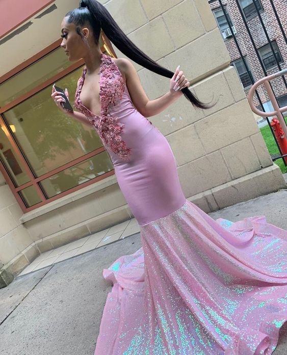 Pink Halter Neck Long Prom Dress For Black Girls Appliques Birthday Party Gowns Sequin Mermaid Evening Dress Y6379 - VelvetHem