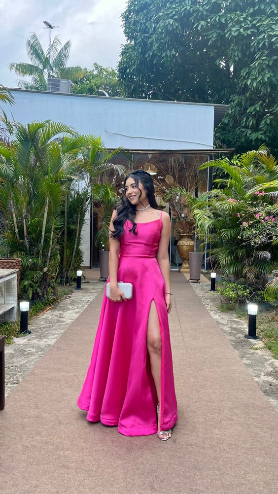 Hot Pink A-Line Long Prom Dress With Split, Senior Prom Dress - VelvetHem