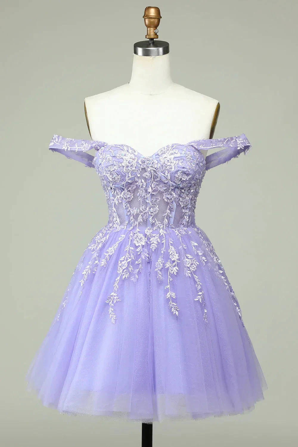 A Line Off the Shoulder Lilac Corset Homecoming Dress with Appliques (ZD12798) - VelvetHem