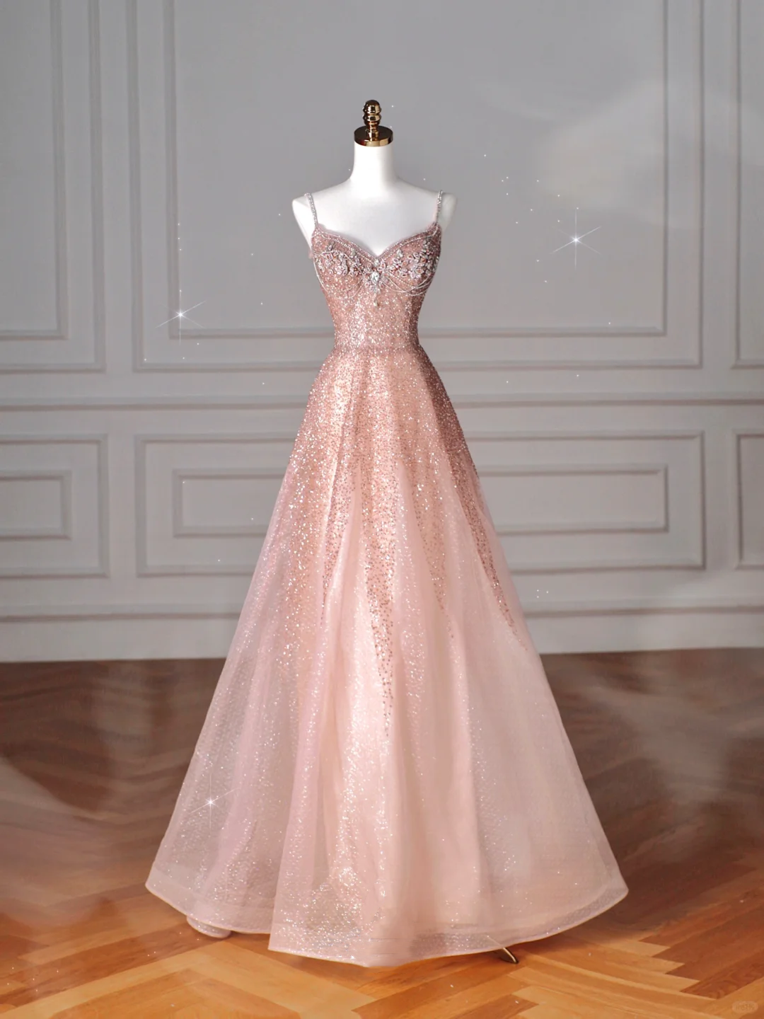 Glitter Pink Tulle Sequins Beaded Prom Dress Spaghetti Straps A Line Evening Dress Y8619 - VelvetHem
