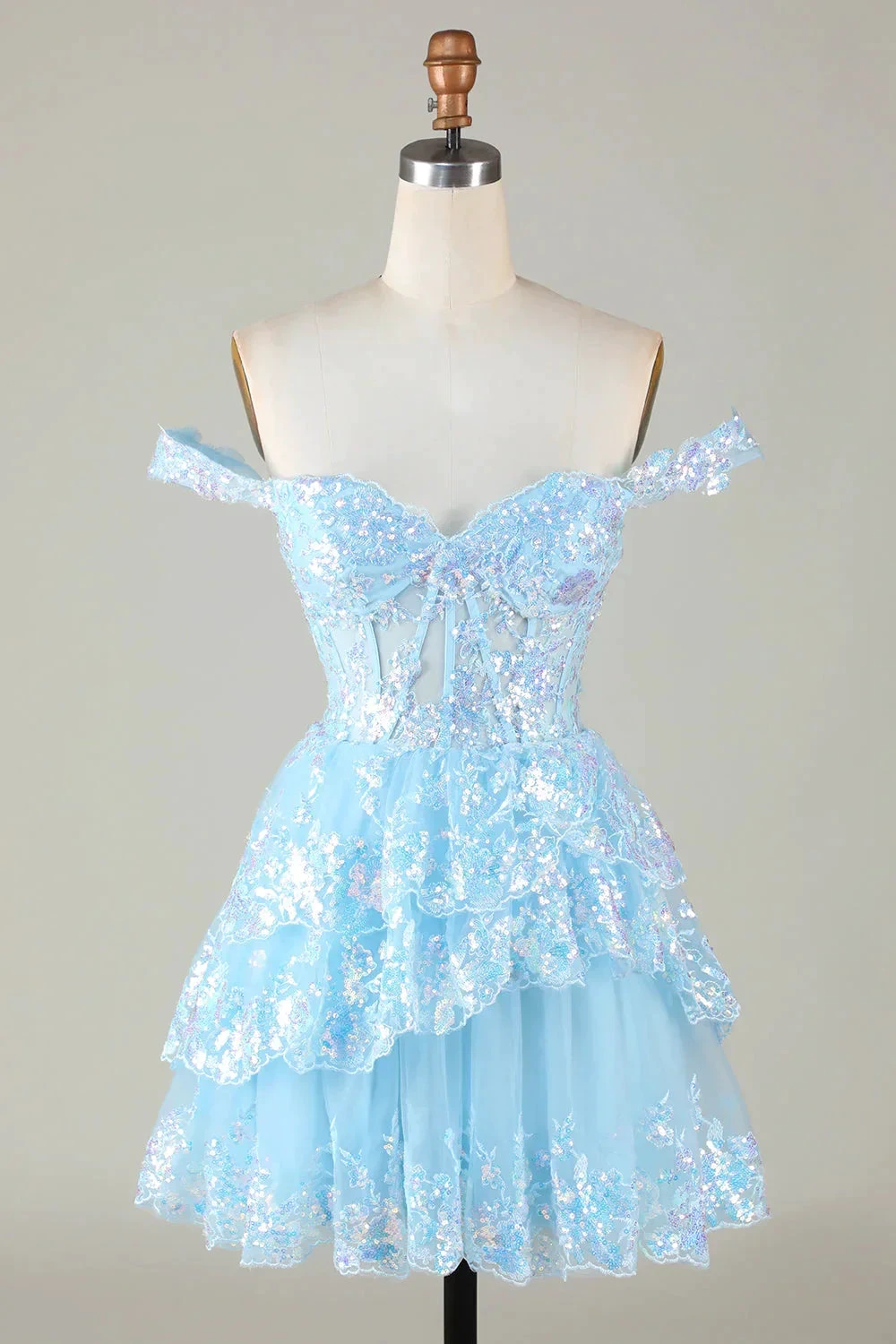 Sparkly Blue Corset Tiered Lace A-Line Short Homecoming Dress (ZD12694) - VelvetHem
