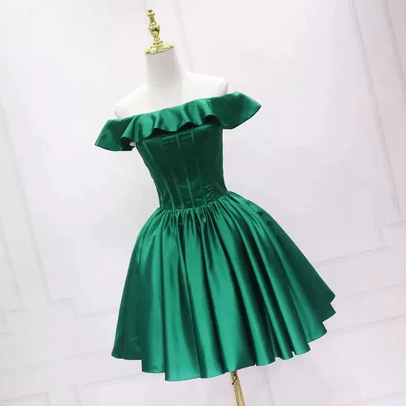 Dark Green Satin Homecoming Dress Rufflues Neckline s50 (ZD12607) - VelvetHem