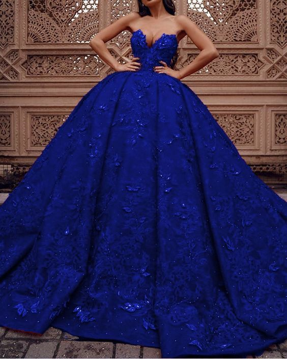 Royal Blue Lace Ball Gown Sweetheart Corset - VelvetHem