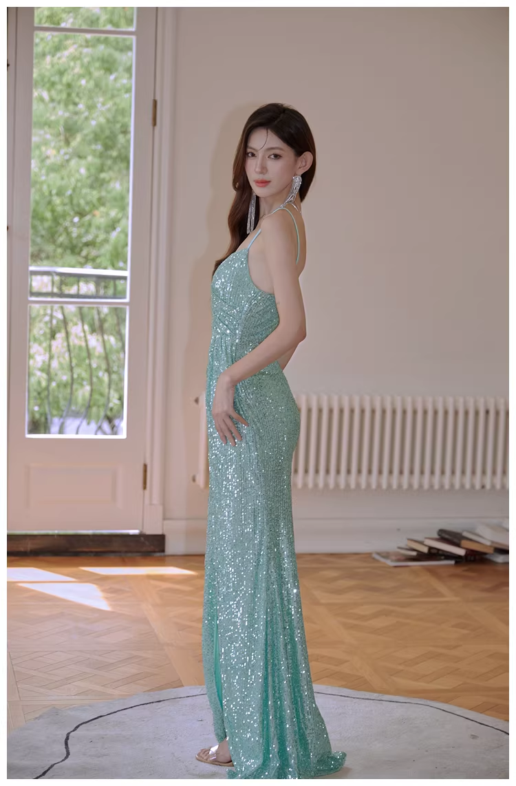 Sparkly Spaghetti Straps Mint Green Sequin Mermaid High Slit Long Prom Dress Evening Dress - View 3 | VelvetHem