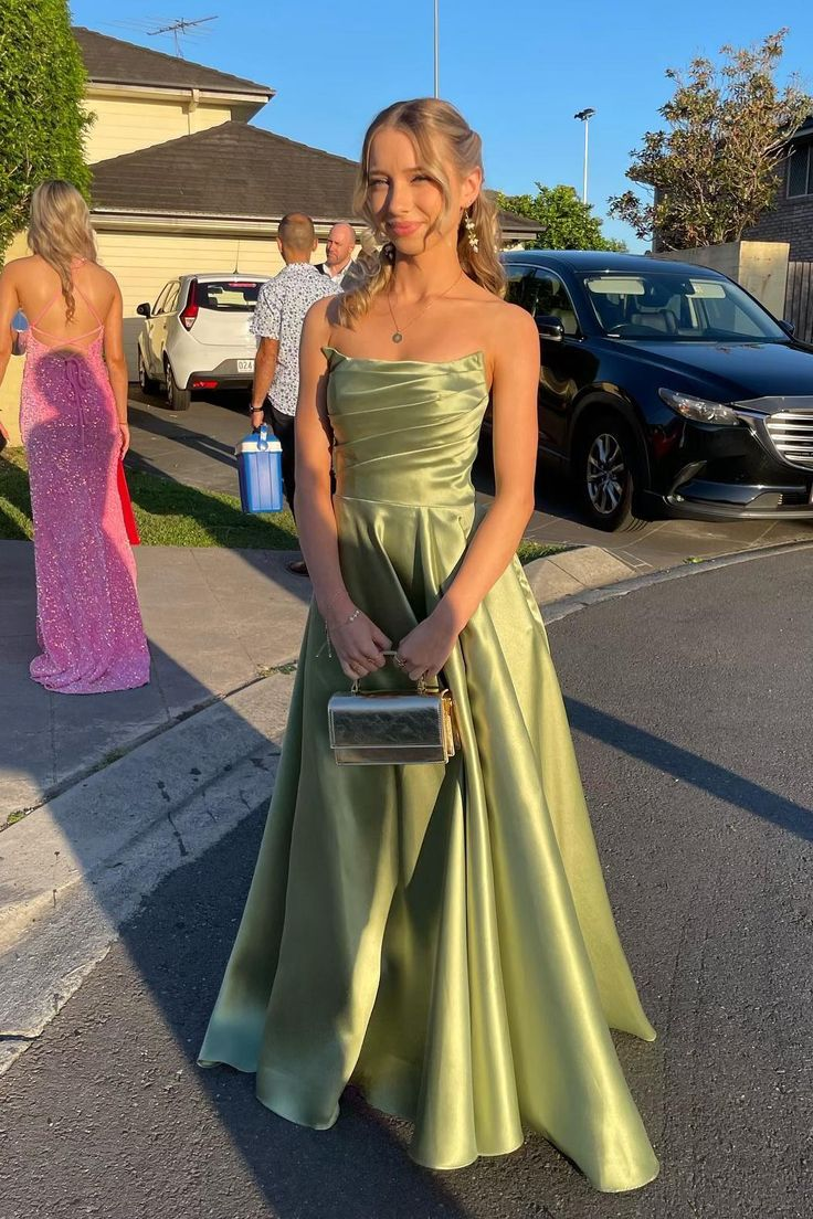 Classy Green Strapless Pleated Party Dress A Line Satin Prom Dress - VelvetHem