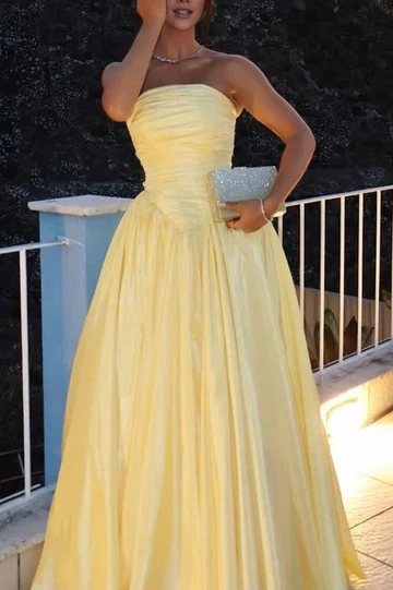 Fashion Strapless Yellow Satin Pleated A Line Long Wedding Guest Dress Evening Dress - View 2 | VelvetHem