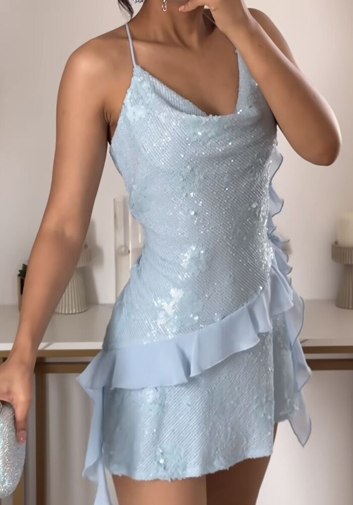 Gorgeous Blue Sequins Chiffon Homecoming Dress,Halter Sheath Cocktail Dress - VelvetHem