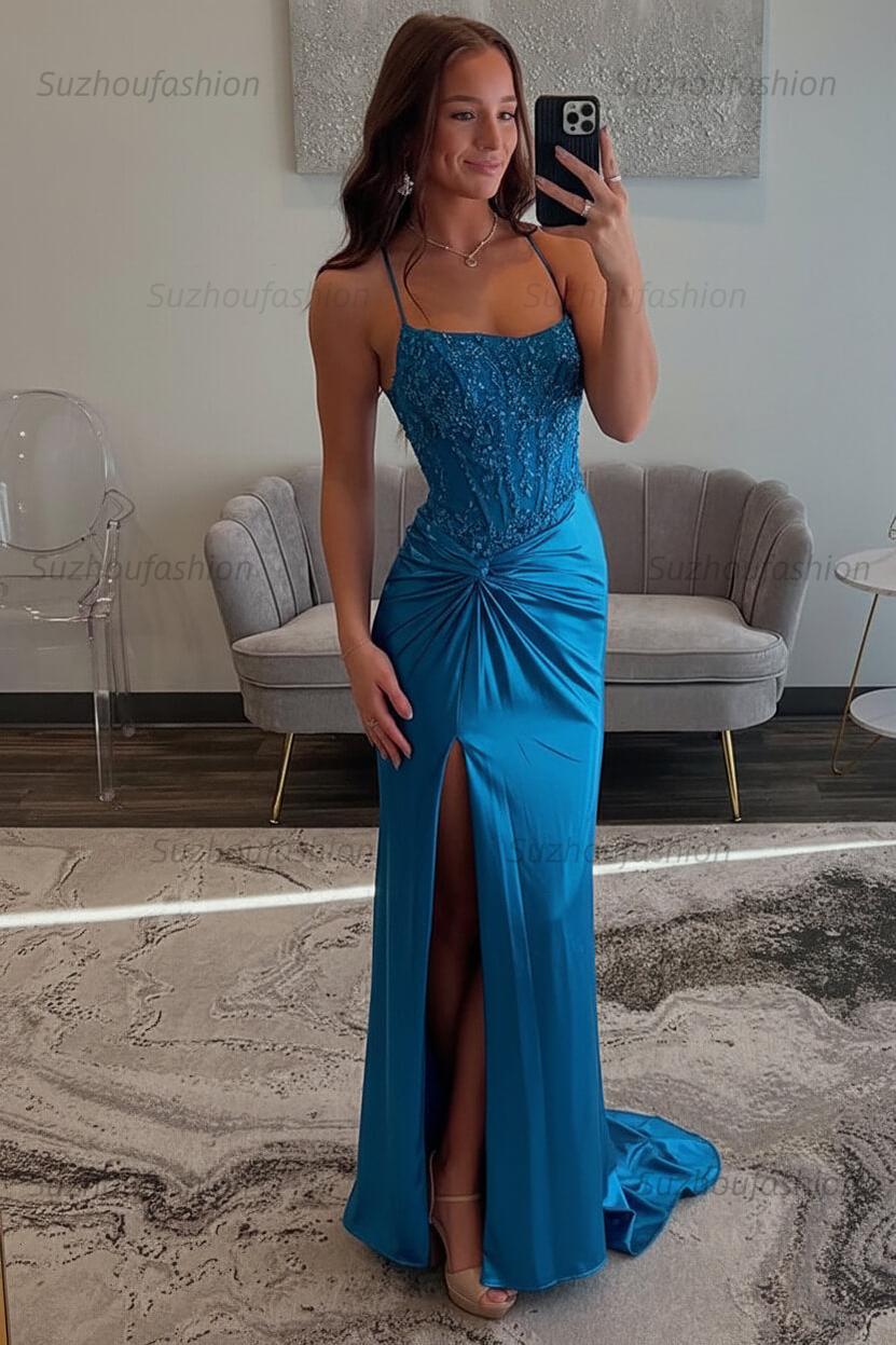 Red Prom Dress Spaghetti Straps Ruhed Long Lace Formal Dress With Appliques