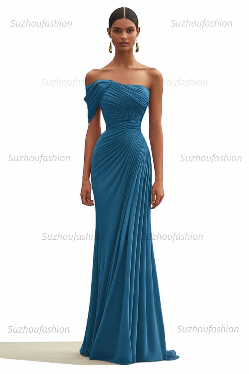 One Shoulder Ruched Mermaid Dark Green Wedding Guest Dress Long Formal Dress