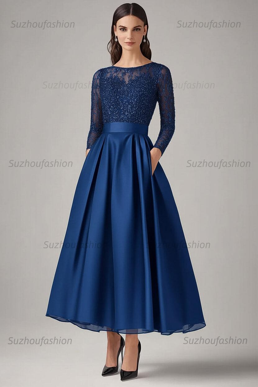 Navy Wedding Guest Dress Beaded A Line Long Sleeves Formal Dress With Lace