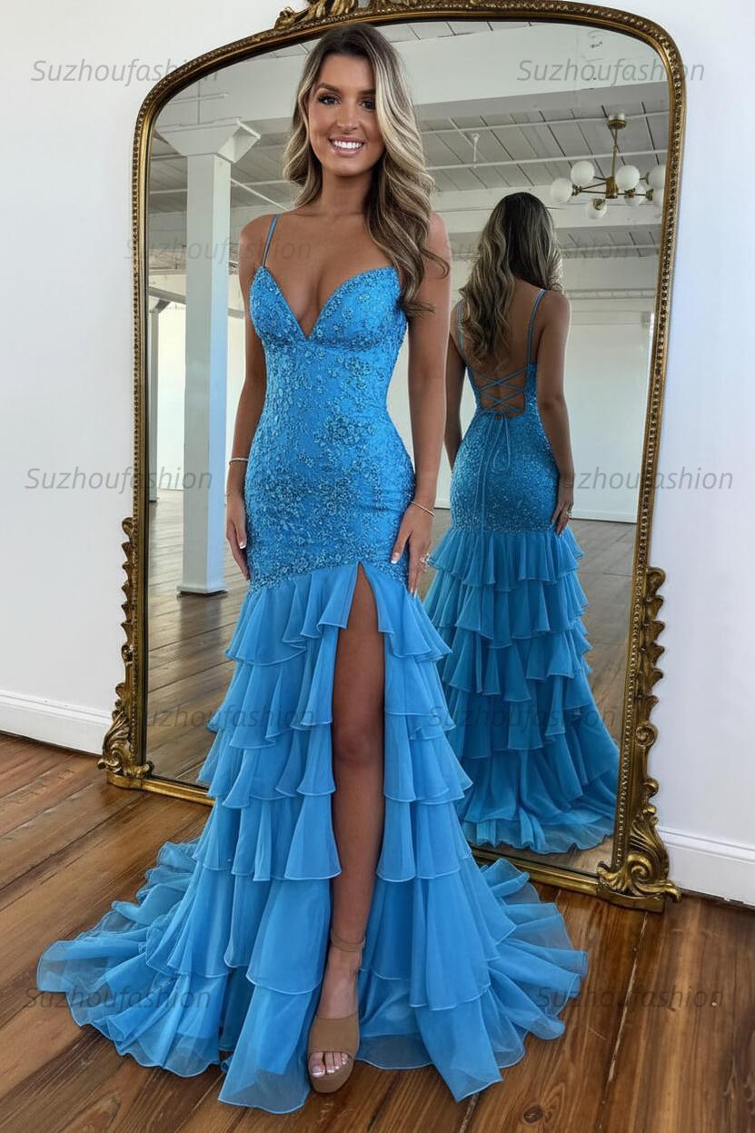 Suzhoufashion Mermaid Spaghetti Straps Lace Up Long Prom Dress With Ruffle Skirt Formal Evening Gown
