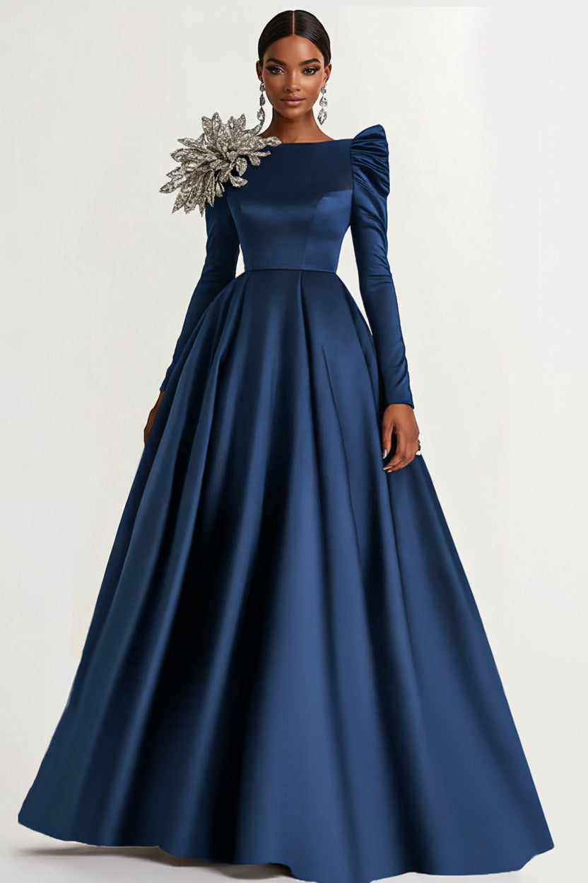 A-Line Long Black Wedding Guest Dress Satin Boat Neck Formal Dress With Long Sleeves